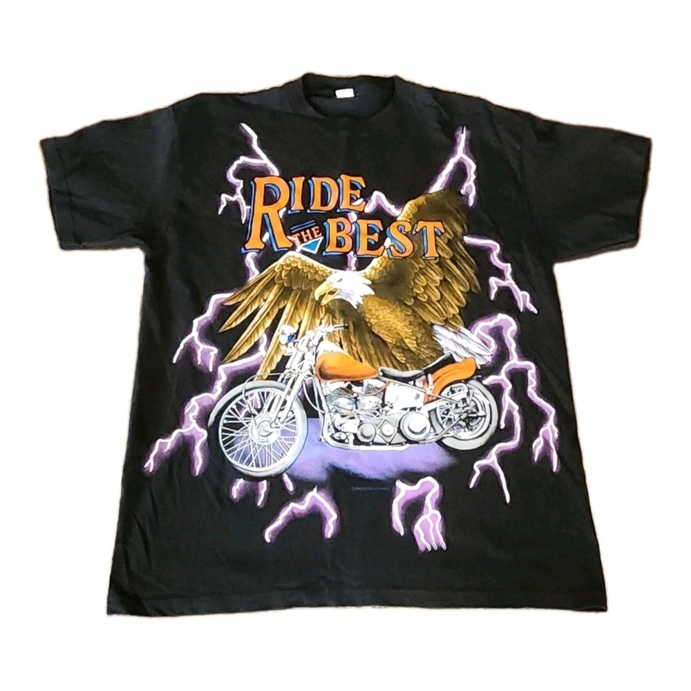 Black Graphic T-Shirt with Eagle and Motorcycle Design